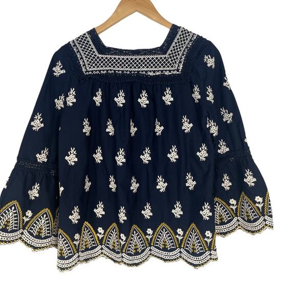 Shoshanna Calah 100% Cotton Boho Embroidered Peasant Top Blouse Navy White XS - Picture 5 of 10